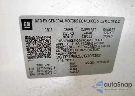 2018 GMC Sierra C1500 Denali z USA, uszkodzony, nr VIN 3GTP1PEC5JG303392